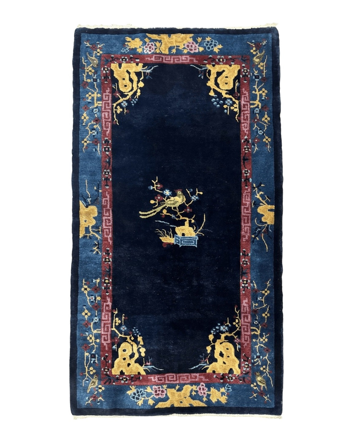 Antique Chinese Peking Rug 3x6, Dark Blue, Bird Motif, Handmade Wool Art Deco Asian Oriental Carpet, Pair A China 3.2x5.8 in Navy Blue, Blue - 2311L035