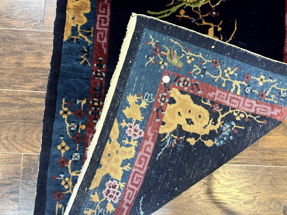 Antique Chinese Peking Rug 3x6, Dark Blue, Bird Motif, Handmade Wool Art Deco Asian Oriental Carpet, Pair A China 3.2x5.8 in Navy Blue, Blue - 2311L035