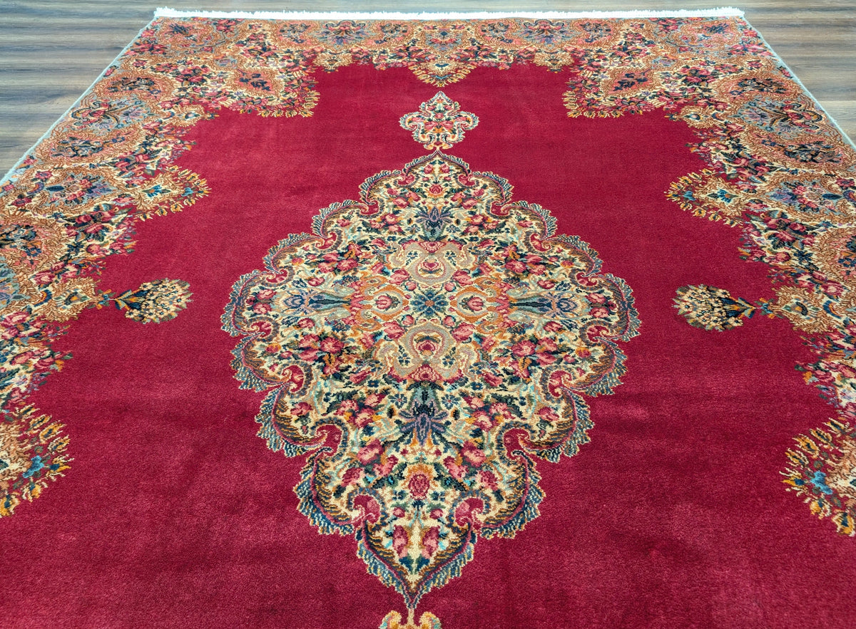 Antique Karastan Red Medallion Kirman Rug 9x12 #762, Wool USA 8' 8" x 12' in Red and Cream, Gray, Multicolor - 2603L087