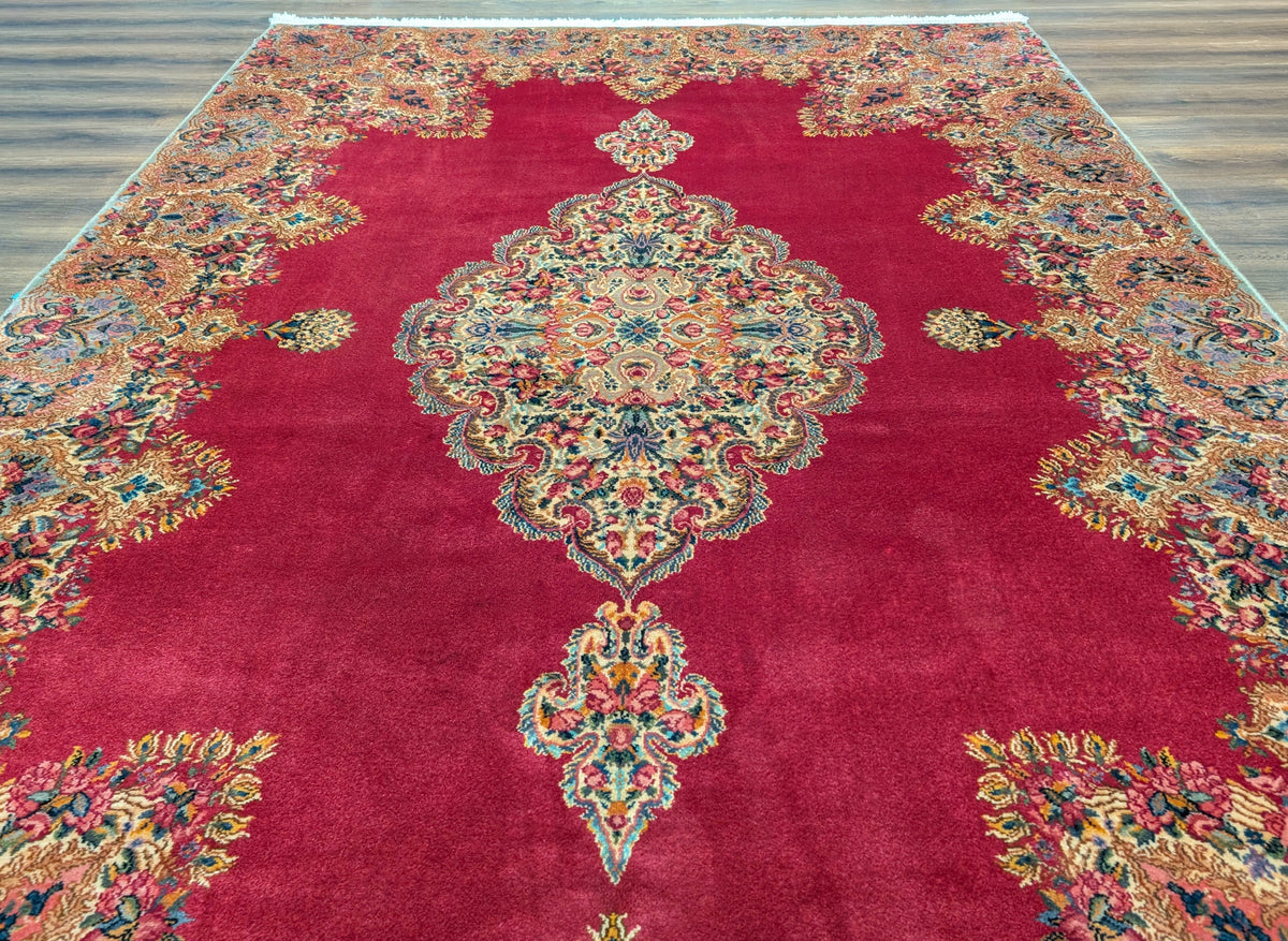 Antique Karastan Red Medallion Kirman Rug 9x12 #762, Wool USA 8' 8" x 12' in Red and Cream, Gray, Multicolor - 2603L087