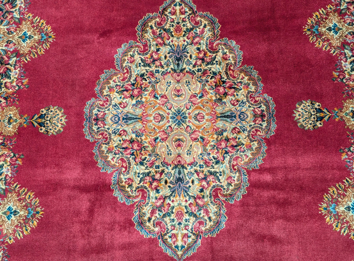 Antique Karastan Red Medallion Kirman Rug 9x12 #762, Wool USA 8' 8" x 12' in Red and Cream, Gray, Multicolor - 2603L087