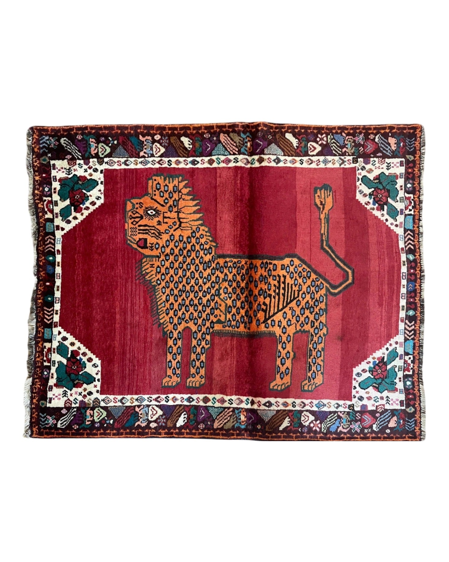 Antique Persian Gabbeh Wool Rug 4x5, Lion Pictorial Rug, Tribal Rug Azerbaijan 5' x 4' 2" - 2102J069