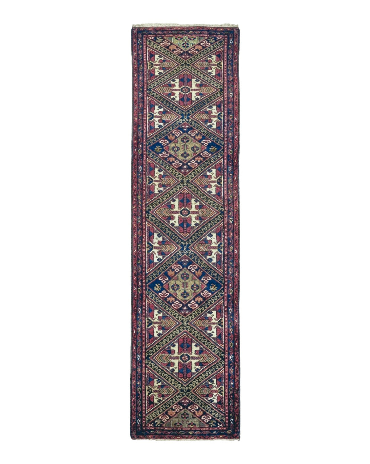 Antique Persian Hamadan Runner 2' 6" x 9' 5", Geometric Medallions, Wool Azerbaijan 2' 6" x 9' 5" in Navy Blue and Ivory, Red - 2605J049