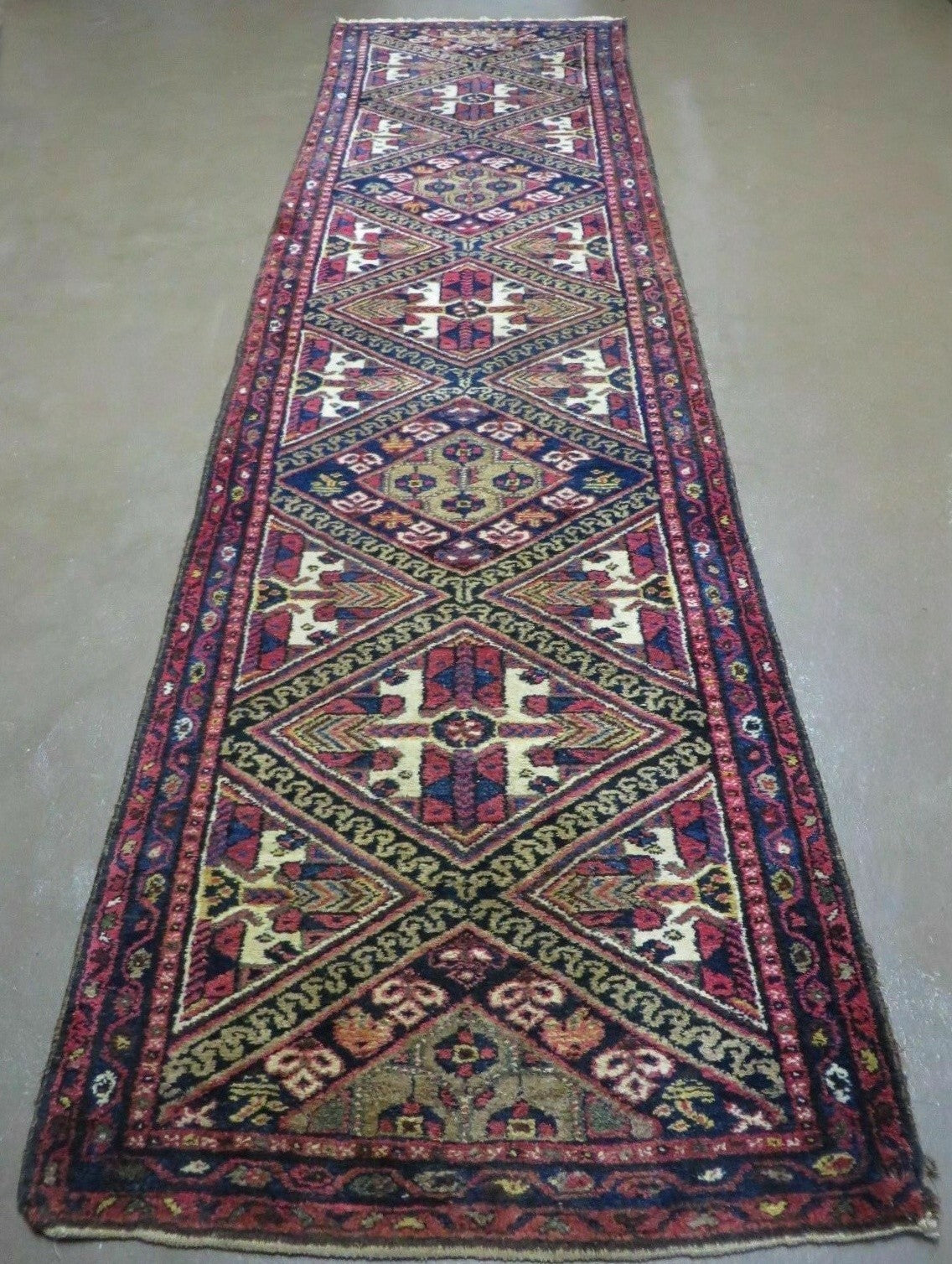 Antique Persian Hamadan Runner 2' 6" x 9' 5", Geometric Medallions, Wool Azerbaijan 2' 6" x 9' 5" in Navy Blue and Ivory, Red - 2605J049
