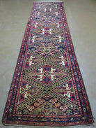 Antique Persian Hamadan Runner 2' 6" x 9' 5", Geometric Medallions, Wool Azerbaijan 2' 6" x 9' 5" in Navy Blue and Ivory, Red - 2605J049