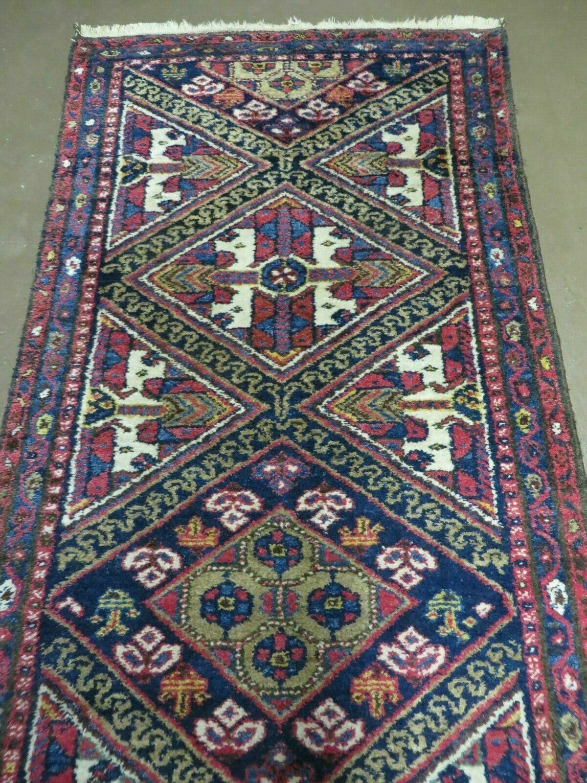Antique Persian Hamadan Runner 2' 6" x 9' 5", Geometric Medallions, Wool Azerbaijan 2' 6" x 9' 5" in Navy Blue and Ivory, Red - 2605J049