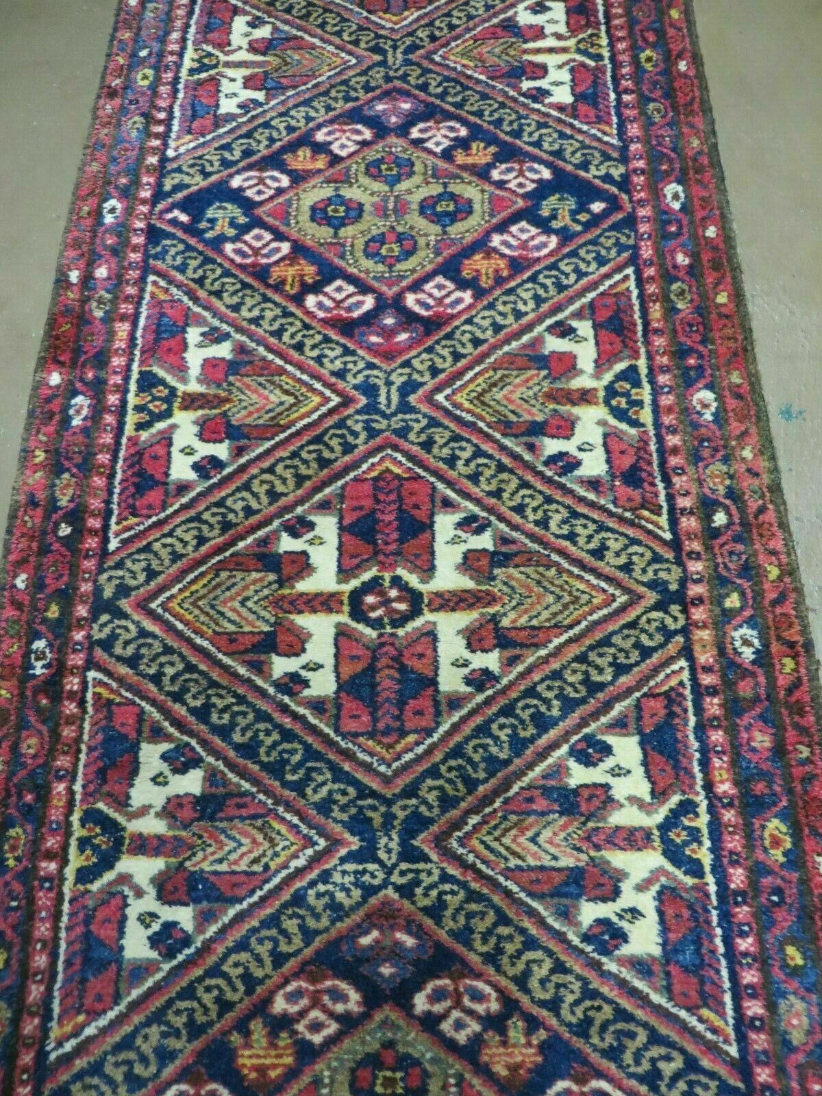 Antique Persian Hamadan Runner 2' 6" x 9' 5", Geometric Medallions, Wool Azerbaijan 2' 6" x 9' 5" in Navy Blue and Ivory, Red - 2605J049