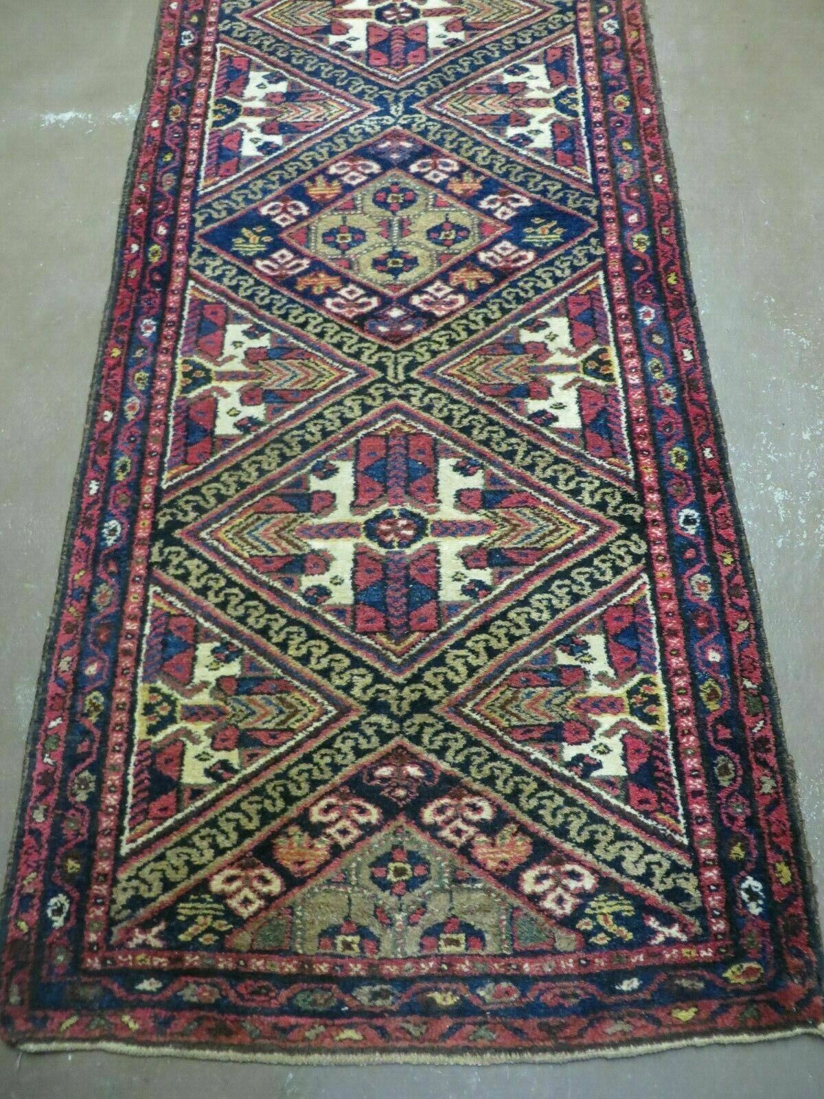 Antique Persian Hamadan Runner 2' 6" x 9' 5", Geometric Medallions, Wool Azerbaijan 2' 6" x 9' 5" in Navy Blue and Ivory, Red - 2605J049
