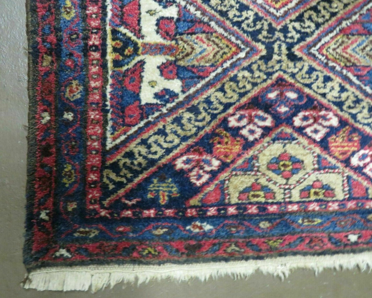 Antique Persian Hamadan Runner 2' 6" x 9' 5", Geometric Medallions, Wool Azerbaijan 2' 6" x 9' 5" in Navy Blue and Ivory, Red - 2605J049