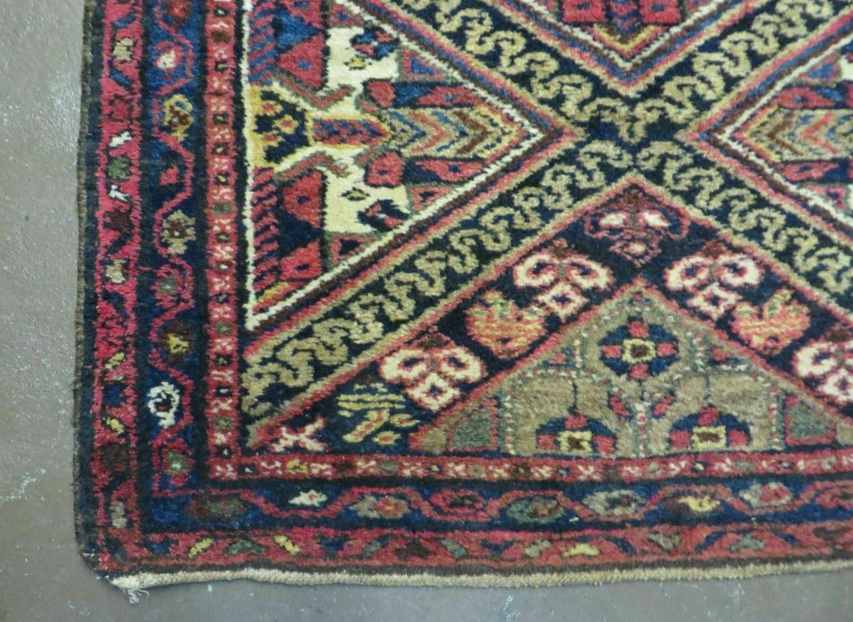Antique Persian Hamadan Runner 2' 6" x 9' 5", Geometric Medallions, Wool Azerbaijan 2' 6" x 9' 5" in Navy Blue and Ivory, Red - 2605J049