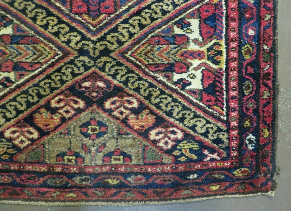 Antique Persian Hamadan Runner 2' 6" x 9' 5", Geometric Medallions, Wool Azerbaijan 2' 6" x 9' 5" in Navy Blue and Ivory, Red - 2605J049