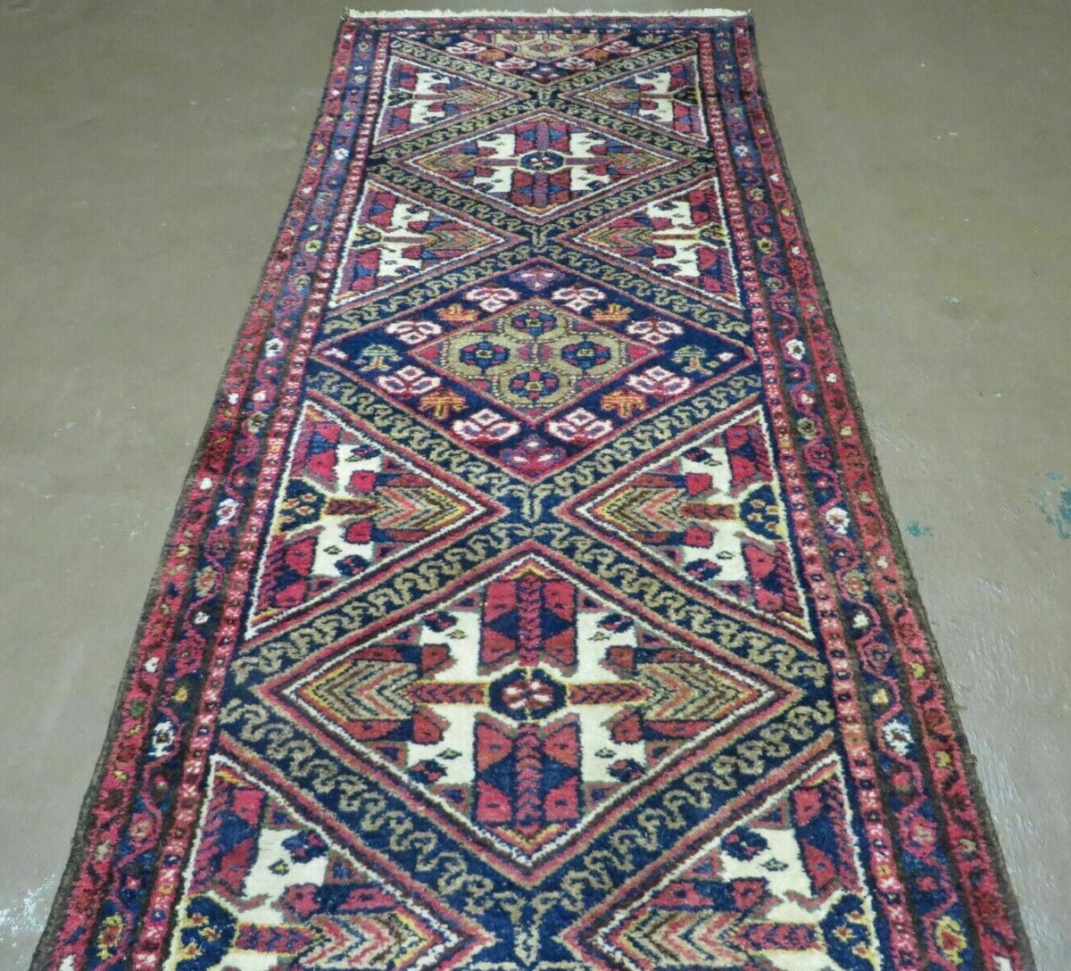 Antique Persian Hamadan Runner 2' 6" x 9' 5", Geometric Medallions, Wool Azerbaijan 2' 6" x 9' 5" in Navy Blue and Ivory, Red - 2605J049