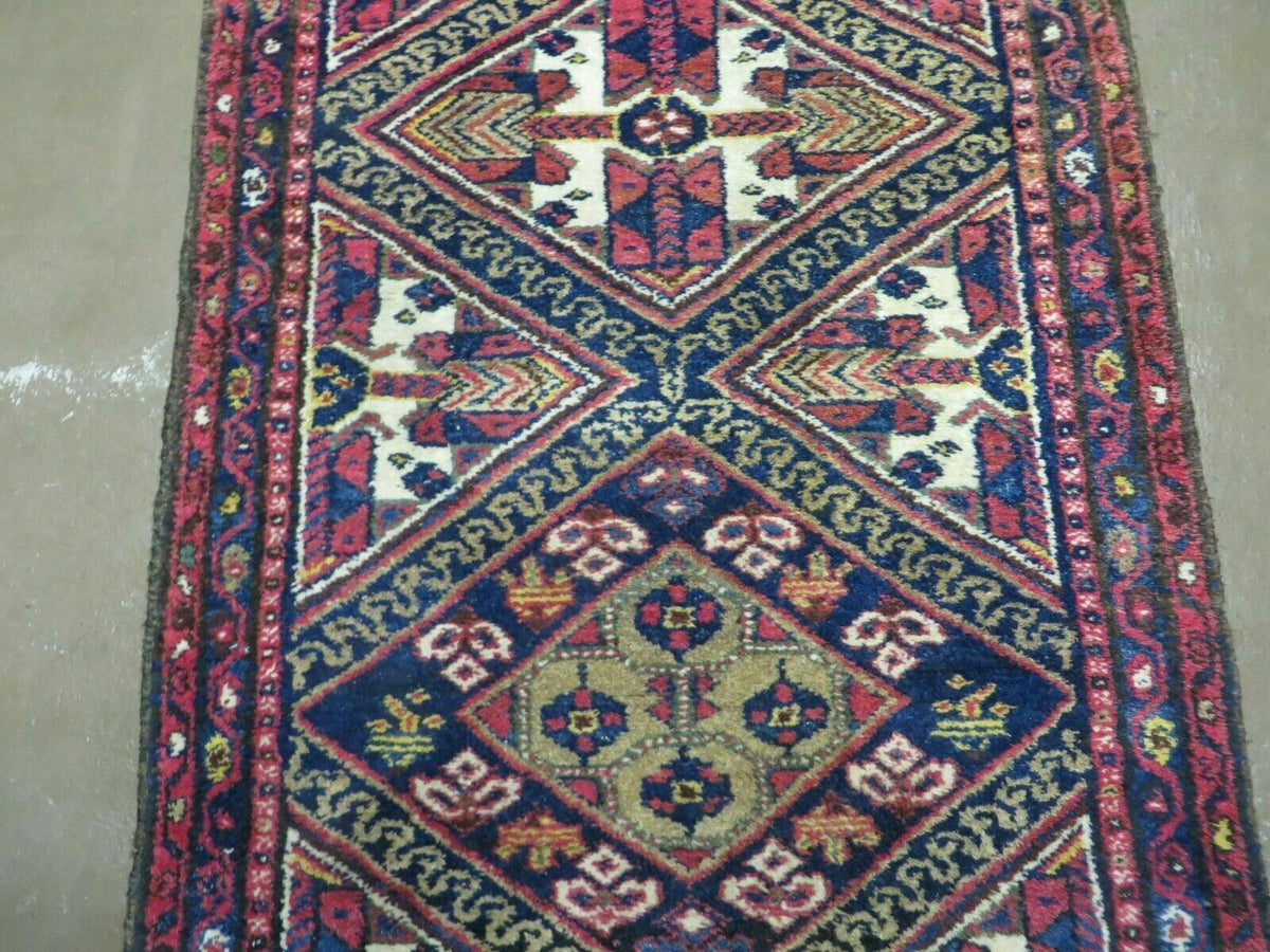 Antique Persian Hamadan Runner 2' 6" x 9' 5", Geometric Medallions, Wool Azerbaijan 2' 6" x 9' 5" in Navy Blue and Ivory, Red - 2605J049