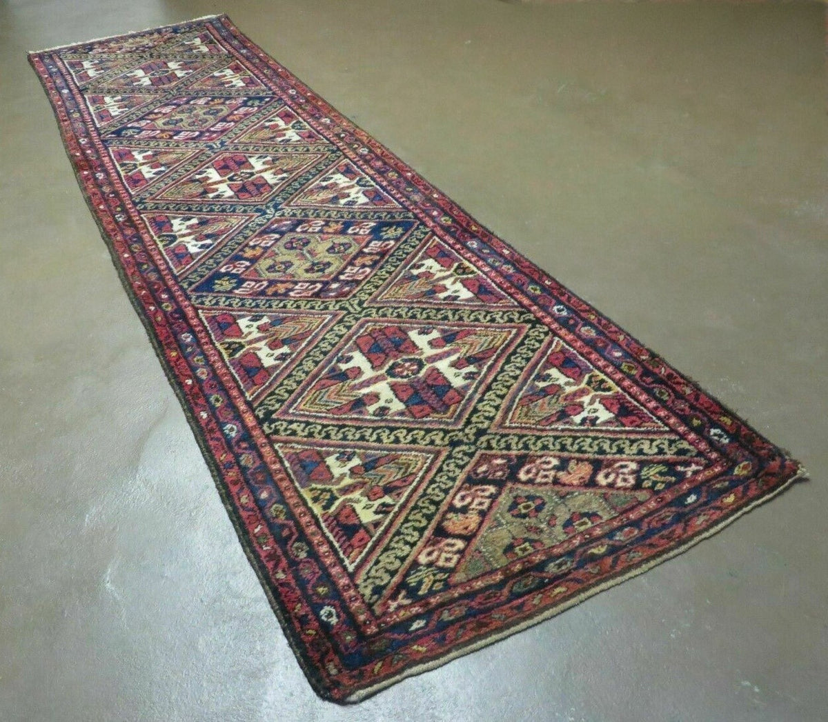 Antique Persian Hamadan Runner 2' 6" x 9' 5", Geometric Medallions, Wool Azerbaijan 2' 6" x 9' 5" in Navy Blue and Ivory, Red - 2605J049