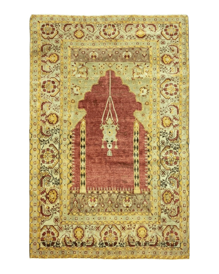 Antique Turkish Melas Prayer Rug 4x7 Turkey 4' 5" x 6' 9" in Terracotta and Cream, Gold-Mustard - 2605J052