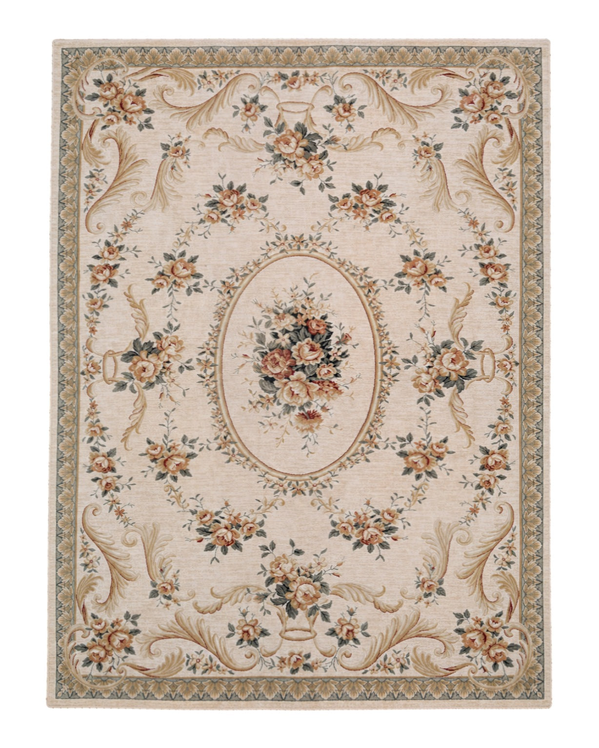 Aubusson Rug 8x11, Floral European Design, Wool, Belgium Power Loomed Carpet Belgium 8' x 10' 9" in Cream and Sage Green, Tan-Gold - 2603L084
