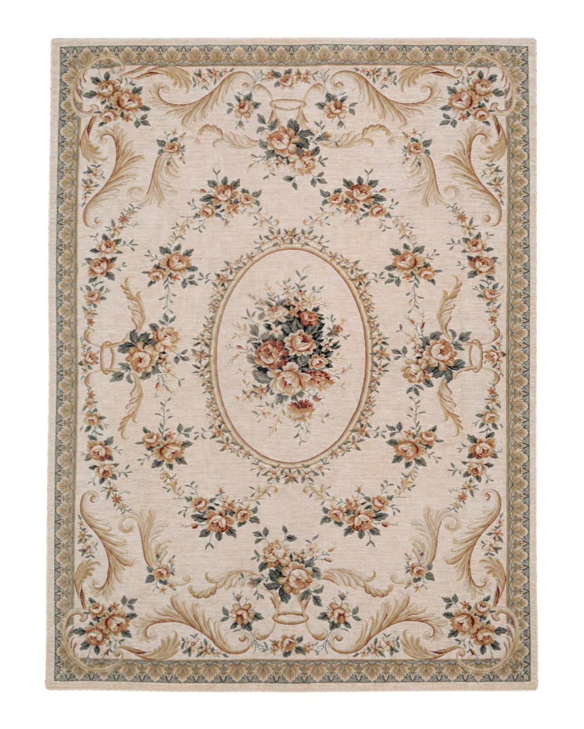 Aubusson Rug 8x11, Floral European Design, Wool, Belgium Power Loomed Carpet Belgium 8' x 10' 9" in Cream and Sage Green, Tan-Gold - 2603L084
