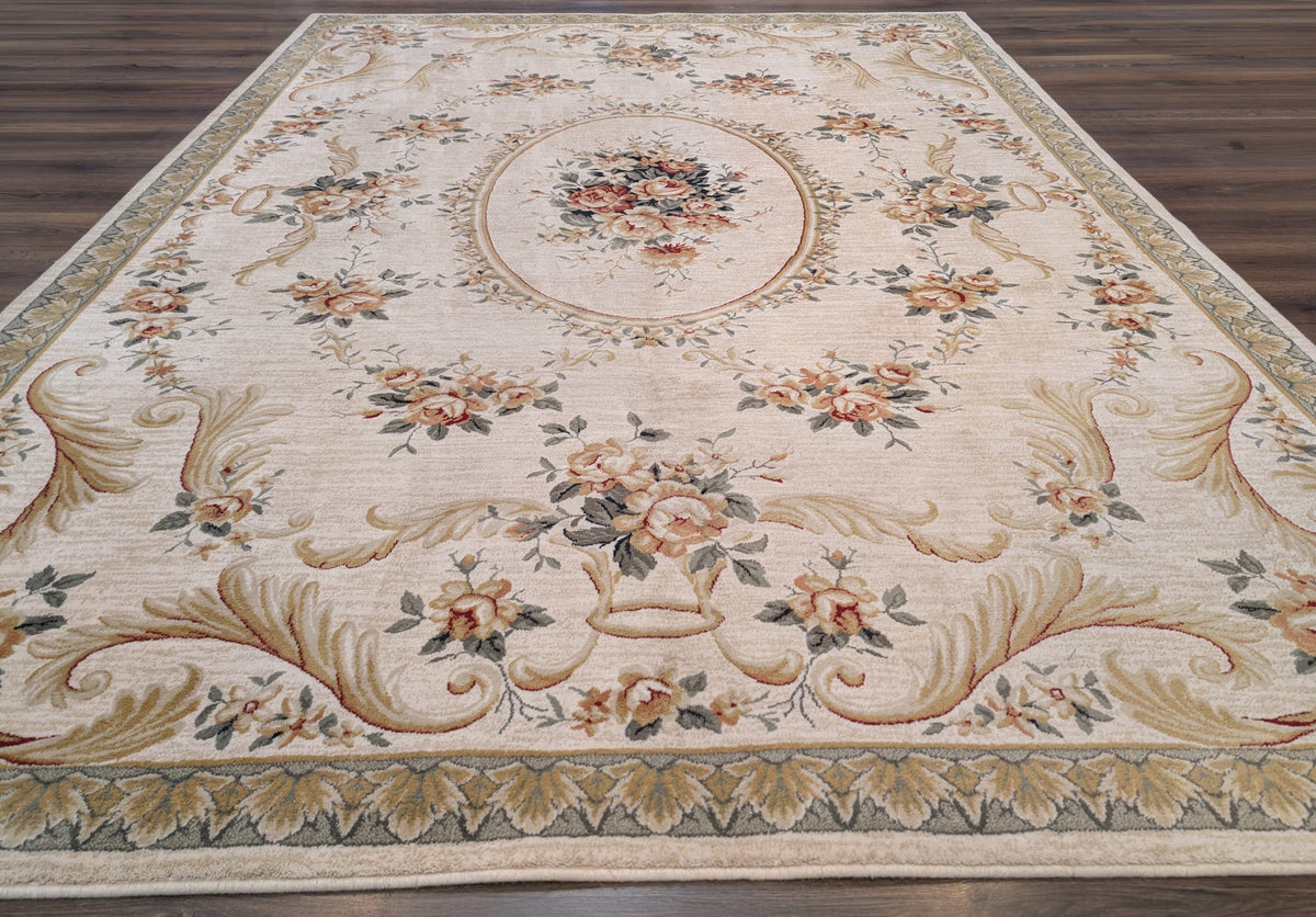Aubusson Rug 8x11, Floral European Design, Wool, Belgium Power Loomed Carpet Belgium 8' x 10' 9" in Cream and Sage Green, Tan-Gold - 2603L084