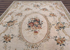 Aubusson Rug 8x11, Floral European Design, Wool, Belgium Power Loomed Carpet Belgium 8' x 10' 9" in Cream and Sage Green, Tan-Gold - 2603L084