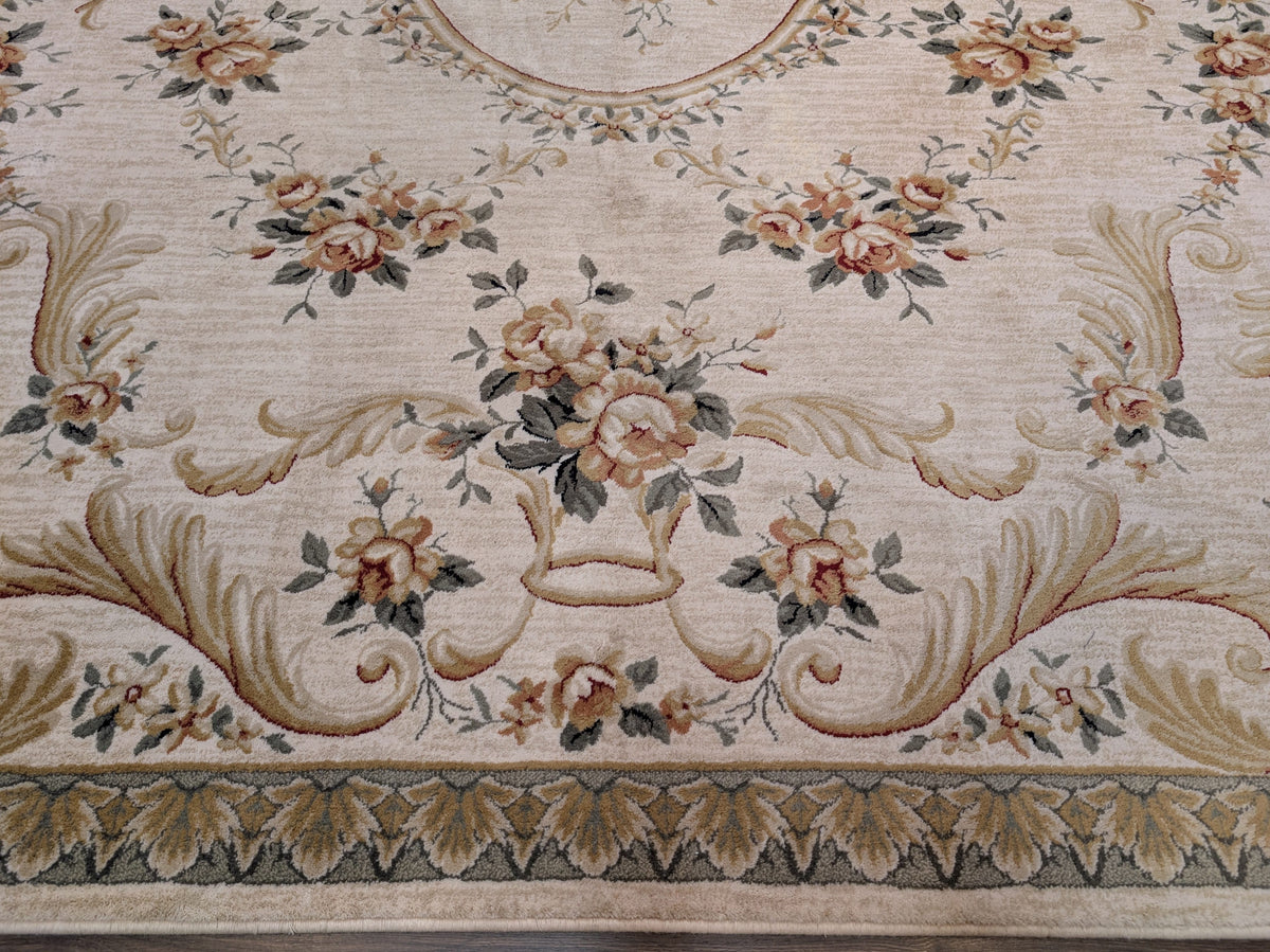 Aubusson Rug 8x11, Floral European Design, Wool, Belgium Power Loomed Carpet Belgium 8' x 10' 9" in Cream and Sage Green, Tan-Gold - 2603L084