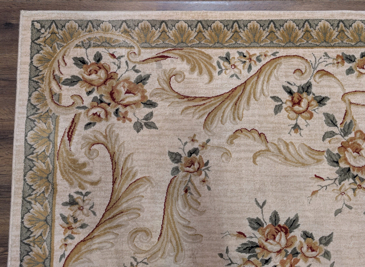 Aubusson Rug 8x11, Floral European Design, Wool, Belgium Power Loomed Carpet Belgium 8' x 10' 9" in Cream and Sage Green, Tan-Gold - 2603L084