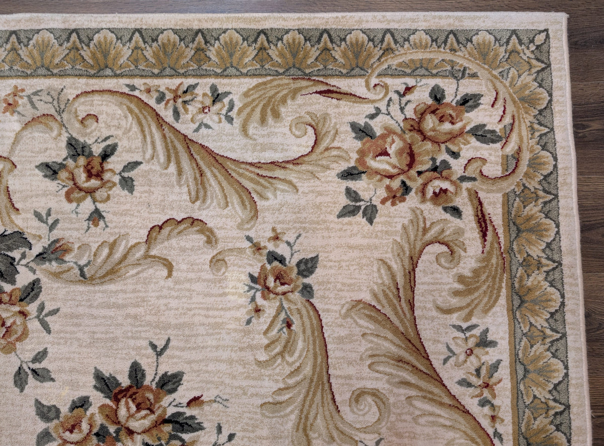 Aubusson Rug 8x11, Floral European Design, Wool, Belgium Power Loomed Carpet Belgium 8' x 10' 9" in Cream and Sage Green, Tan-Gold - 2603L084