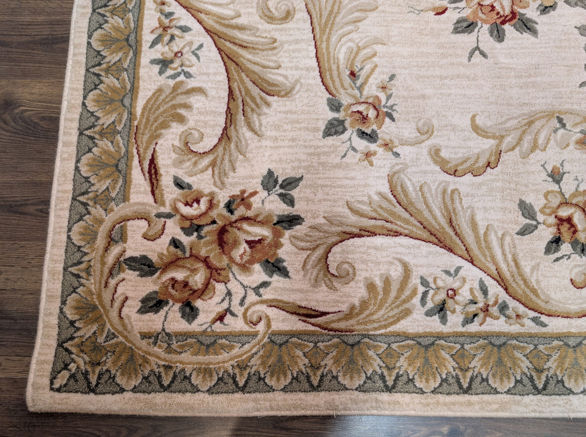 Aubusson Rug 8x11, Floral European Design, Wool, Belgium Power Loomed Carpet Belgium 8' x 10' 9" in Cream and Sage Green, Tan-Gold - 2603L084
