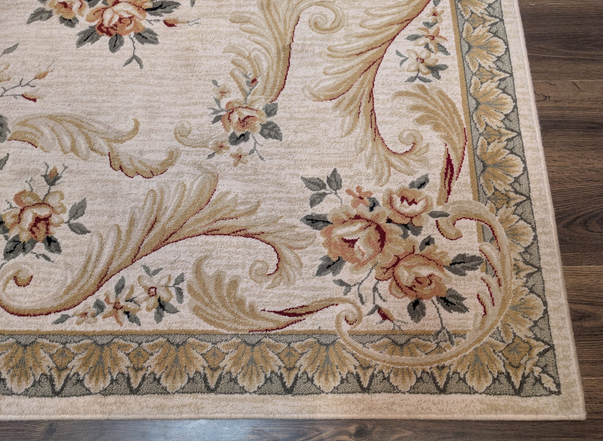 Aubusson Rug 8x11, Floral European Design, Wool, Belgium Power Loomed Carpet Belgium 8' x 10' 9" in Cream and Sage Green, Tan-Gold - 2603L084