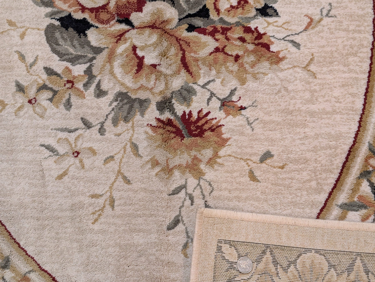 Aubusson Rug 8x11, Floral European Design, Wool, Belgium Power Loomed Carpet Belgium 8' x 10' 9" in Cream and Sage Green, Tan-Gold - 2603L084