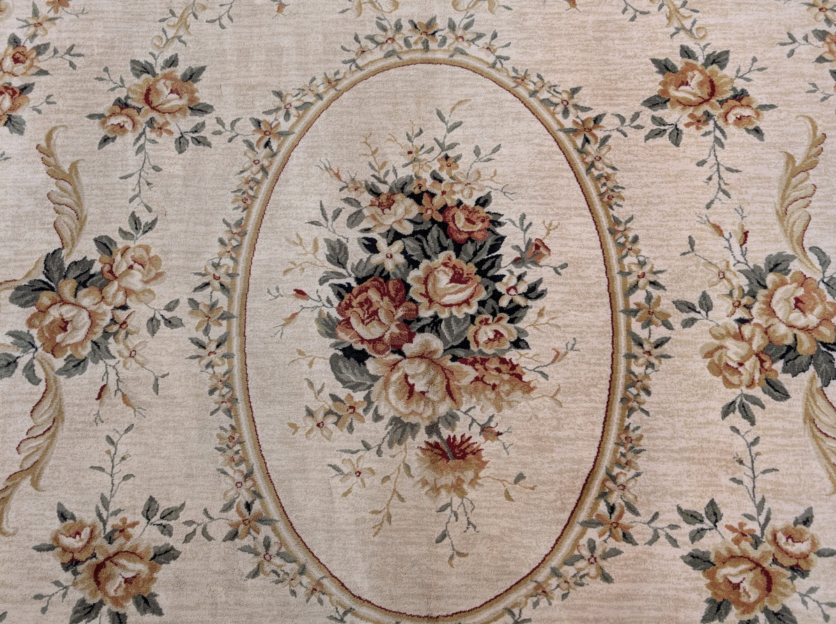 Aubusson Rug 8x11, Floral European Design, Wool, Belgium Power Loomed Carpet Belgium 8' x 10' 9" in Cream and Sage Green, Tan-Gold - 2603L084