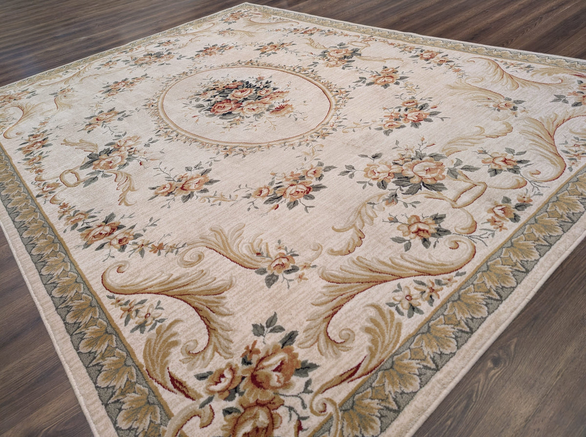 Aubusson Rug 8x11, Floral European Design, Wool, Belgium Power Loomed Carpet Belgium 8' x 10' 9" in Cream and Sage Green, Tan-Gold - 2603L084