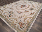 Aubusson Rug 8x11, Floral European Design, Wool, Belgium Power Loomed Carpet Belgium 8' x 10' 9" in Cream and Sage Green, Tan-Gold - 2603L084