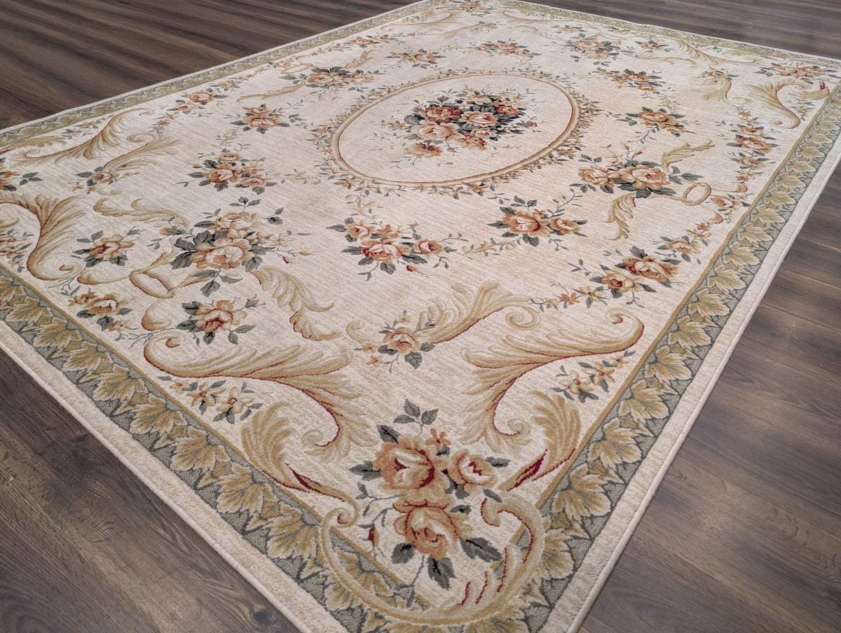 Aubusson Rug 8x11, Floral European Design, Wool, Belgium Power Loomed Carpet Belgium 8' x 10' 9" in Cream and Sage Green, Tan-Gold - 2603L084