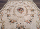 Aubusson Rug 8x11, Floral European Design, Wool, Belgium Power Loomed Carpet Belgium 8' x 10' 9" in Cream and Sage Green, Tan-Gold - 2603L084