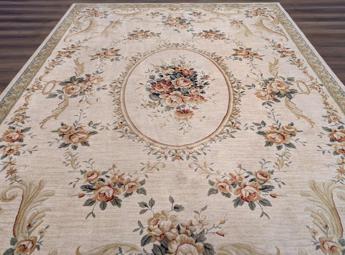 Aubusson Rug 8x11, Floral European Design, Wool, Belgium Power Loomed Carpet Belgium 8' x 10' 9" in Cream and Sage Green, Tan-Gold - 2603L084
