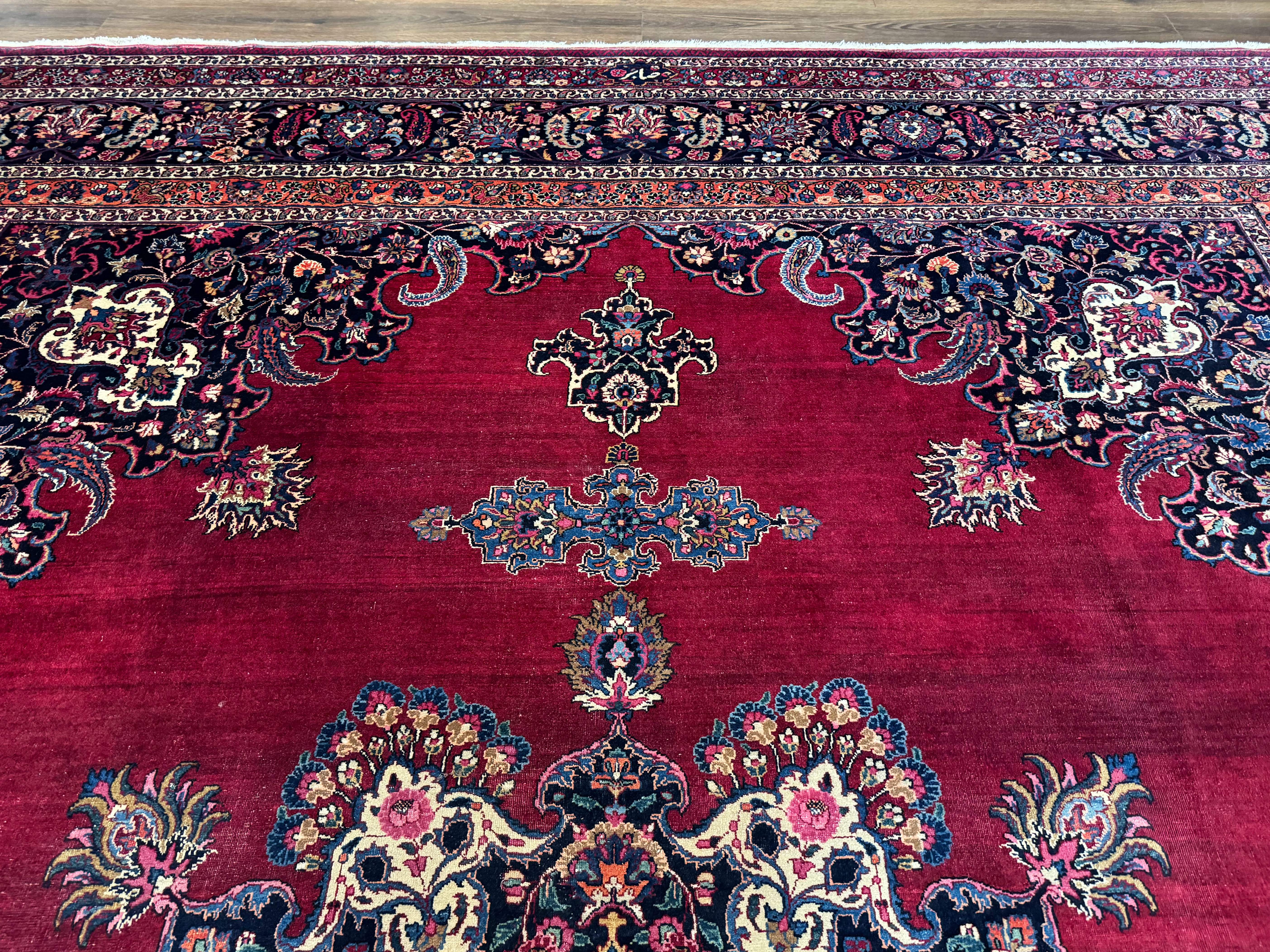 Antique Persian Mashad Rug 12x15, Palace Size Carpet, Wool Hand Knotted, Red and Navy Blue, Floral Medallion - Jewel Rugs