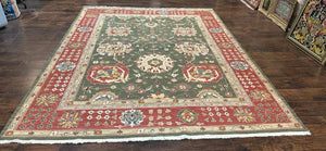 Turkish Flatweave Kilim Rug 8x10, Green and Red Floral Handmade Wool Carpet, Heriz Design