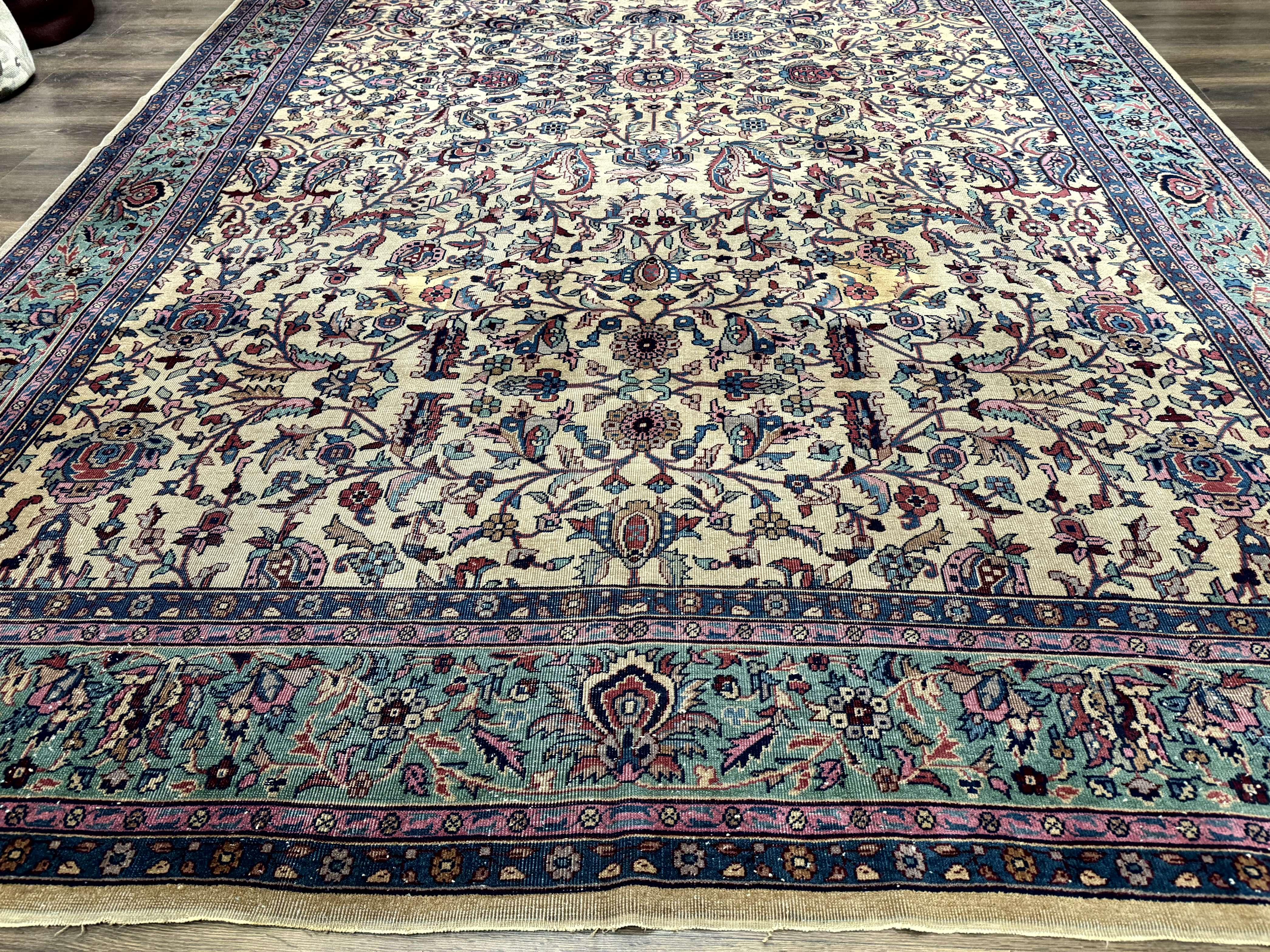 Antique Persian Rug 10x15, Camel and Cyan, Allover Pattern, Rare, Samarkand Rug - Jewel Rugs