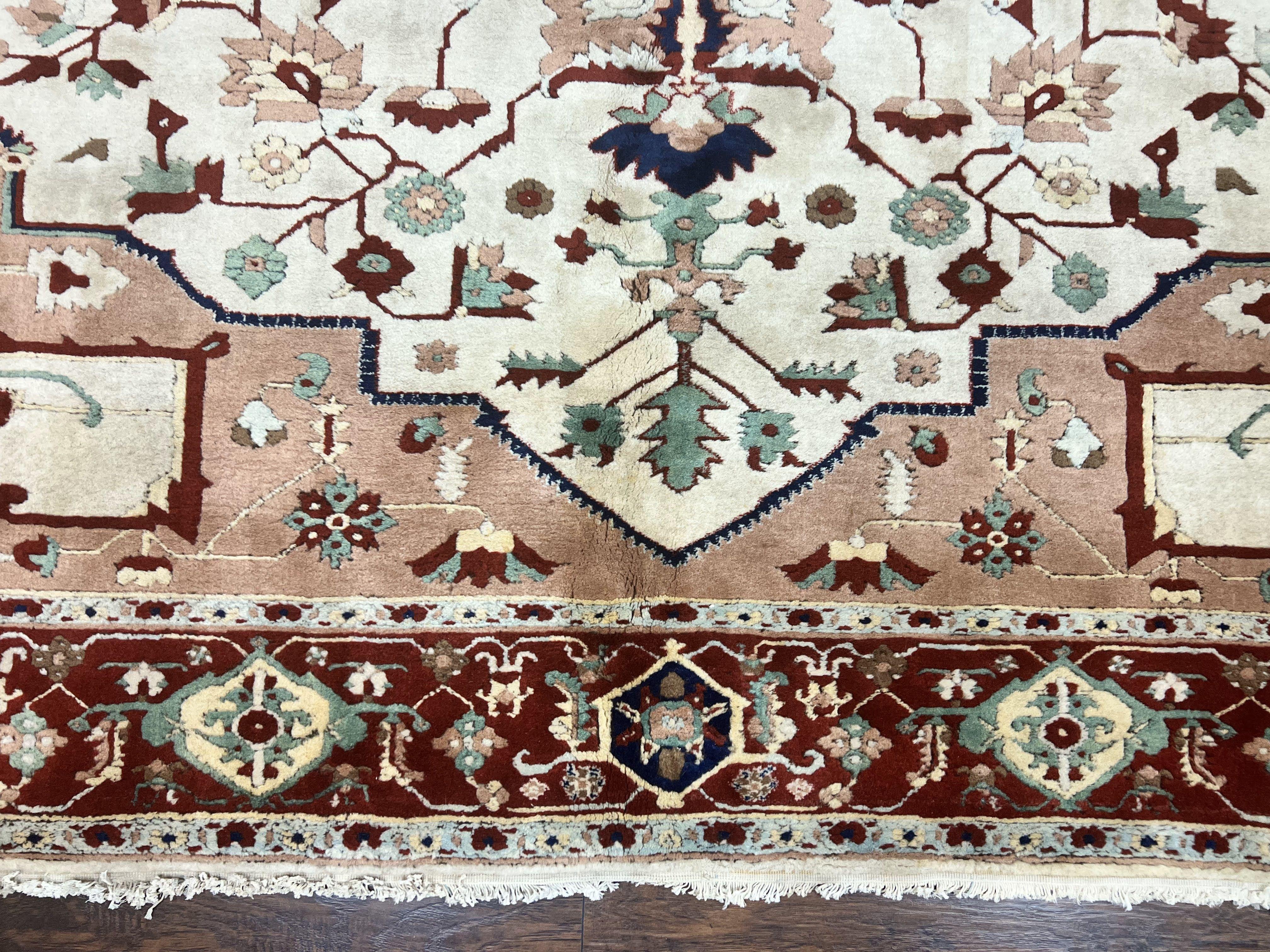 Indo Heriz Rug 9x12, Geometric Indo Persian Room Sized Decorative Area Rug 9 x 12 ft, Cream Navy Blue Pink Handmade Vintage Wool Carpet - Jewel Rugs