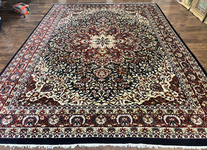 Indo Persian Rug 9x13, Floral Medallion, Midnight Blue & Burgundy, Hand Knotted Vintage Room Sized Traditional Wool Oriental Carpet