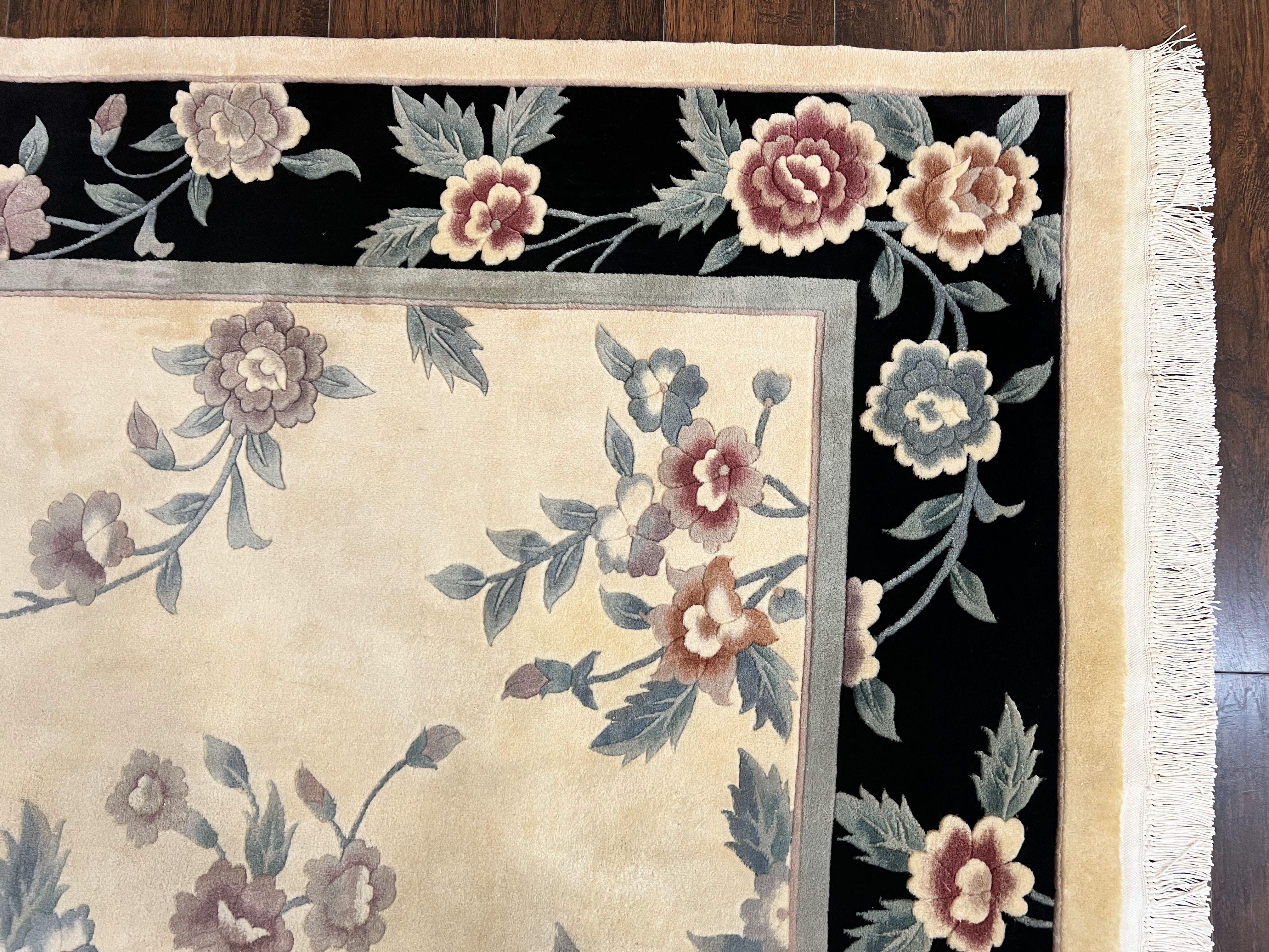 Chinese Wool Rug 8x10, Floral Design, Cream & Black, Art Deco 90 Line Rug 8 x 10, Soft, Handmade Vintage Oriental Carpet - Jewel Rugs