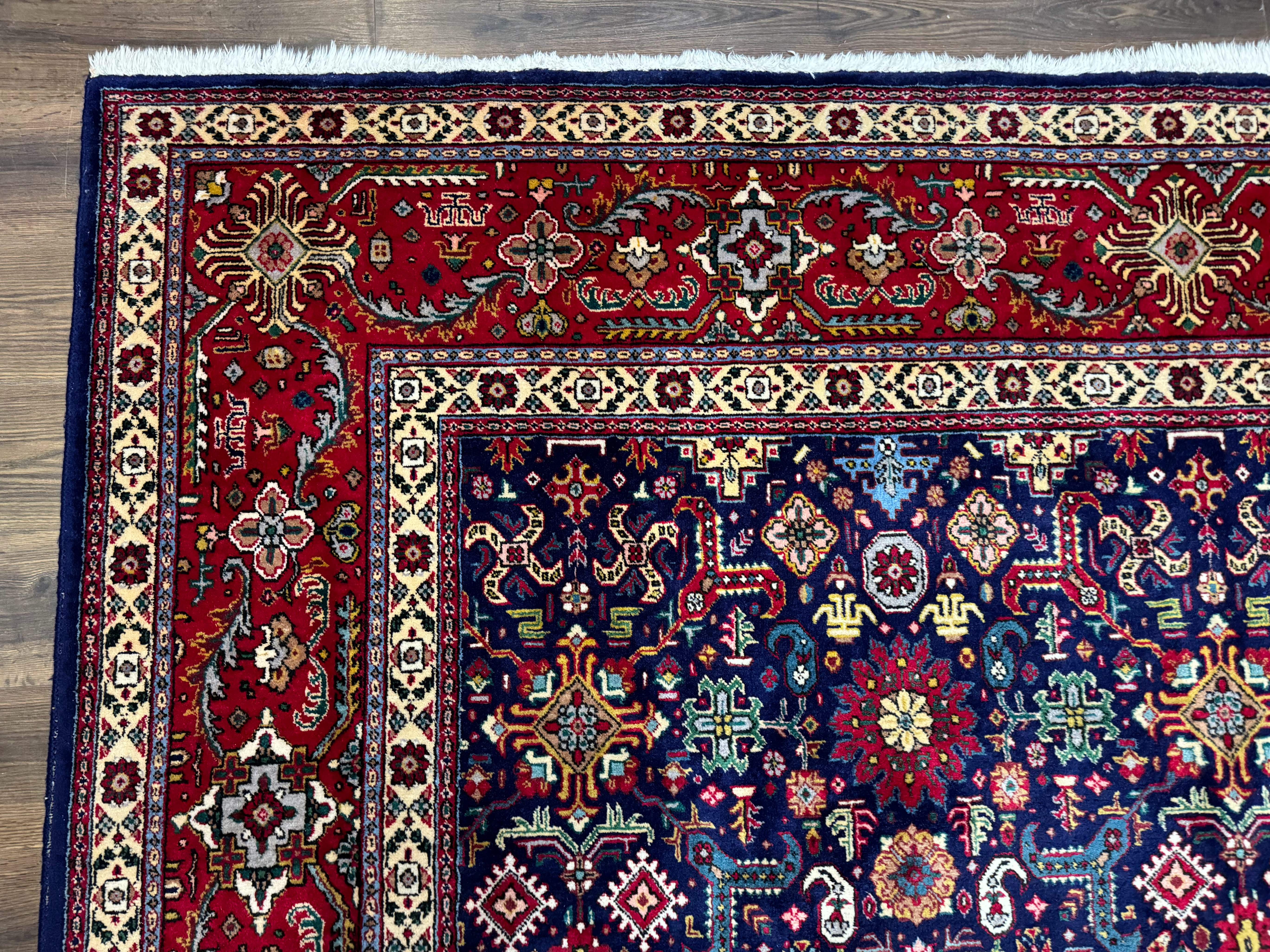 Large Persian Tabriz Rug 10x16, Navy Blue and Red, Allover Pattern, Vintage Hand Knotted Wool Carpet - Jewel Rugs