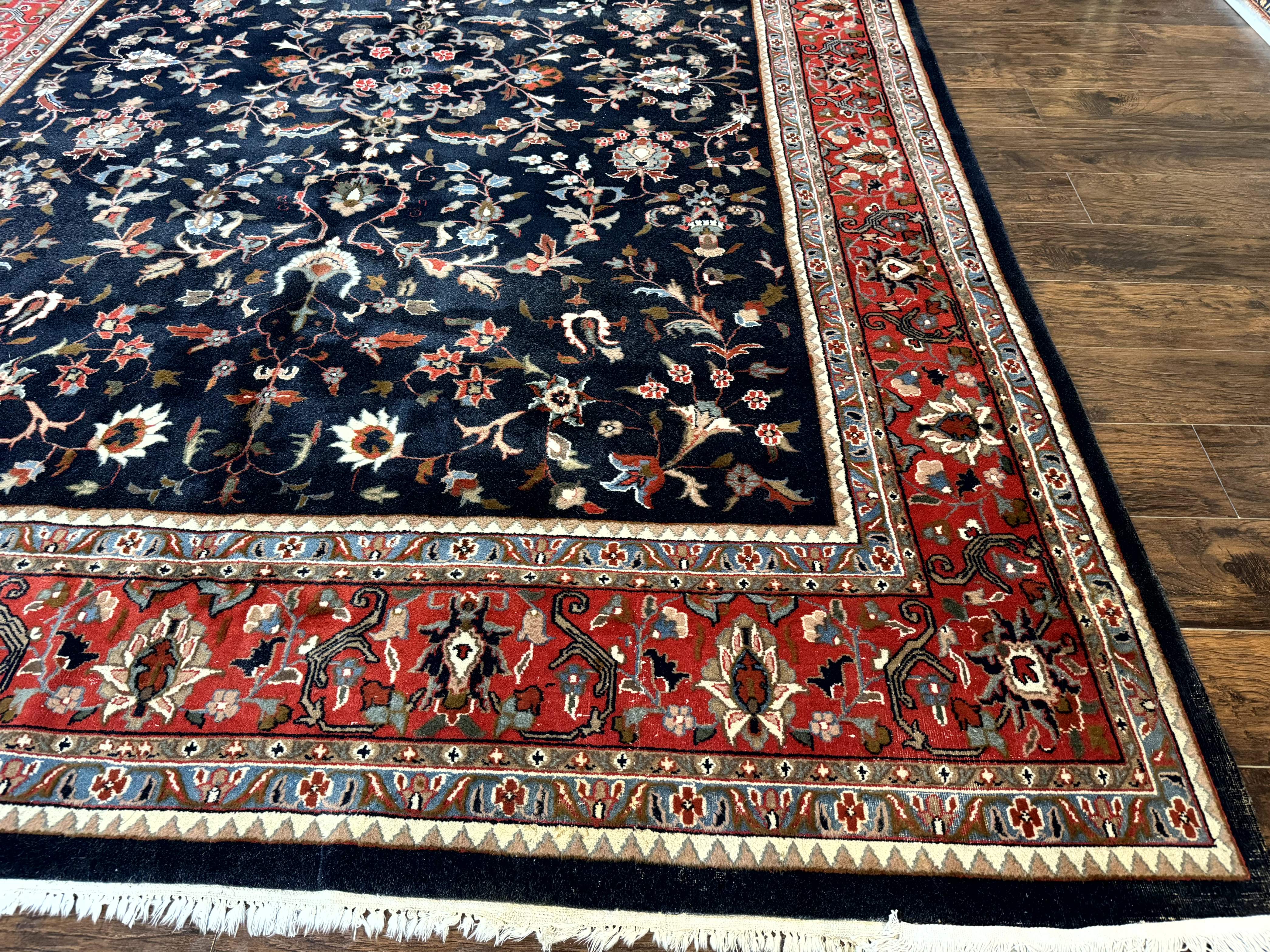 Indo Persian Sarouk Rug 9x12 – Navy and Red, Hand-Knotted Wool Vintage Carpet, Allover Pattern - Jewel Rugs