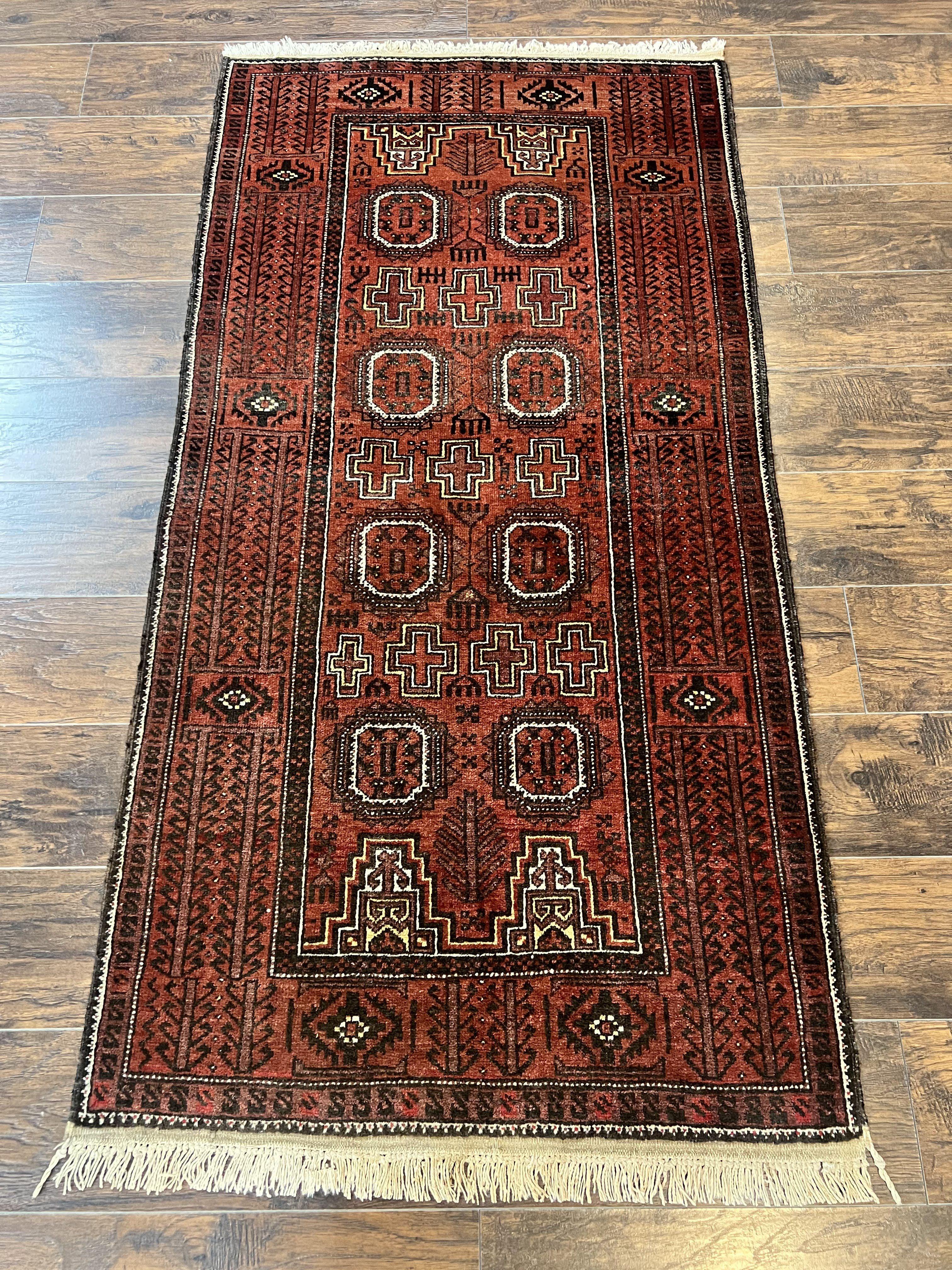 Antique Persian Turkoman Rug 3x6, Wool Tribal Handmade Carpet, Red and Black - Jewel Rugs