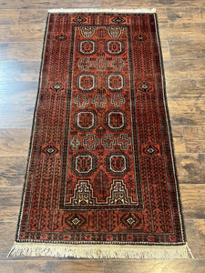 Antique Persian Turkoman Rug 3x6, Wool Tribal Handmade Carpet, Red and Black