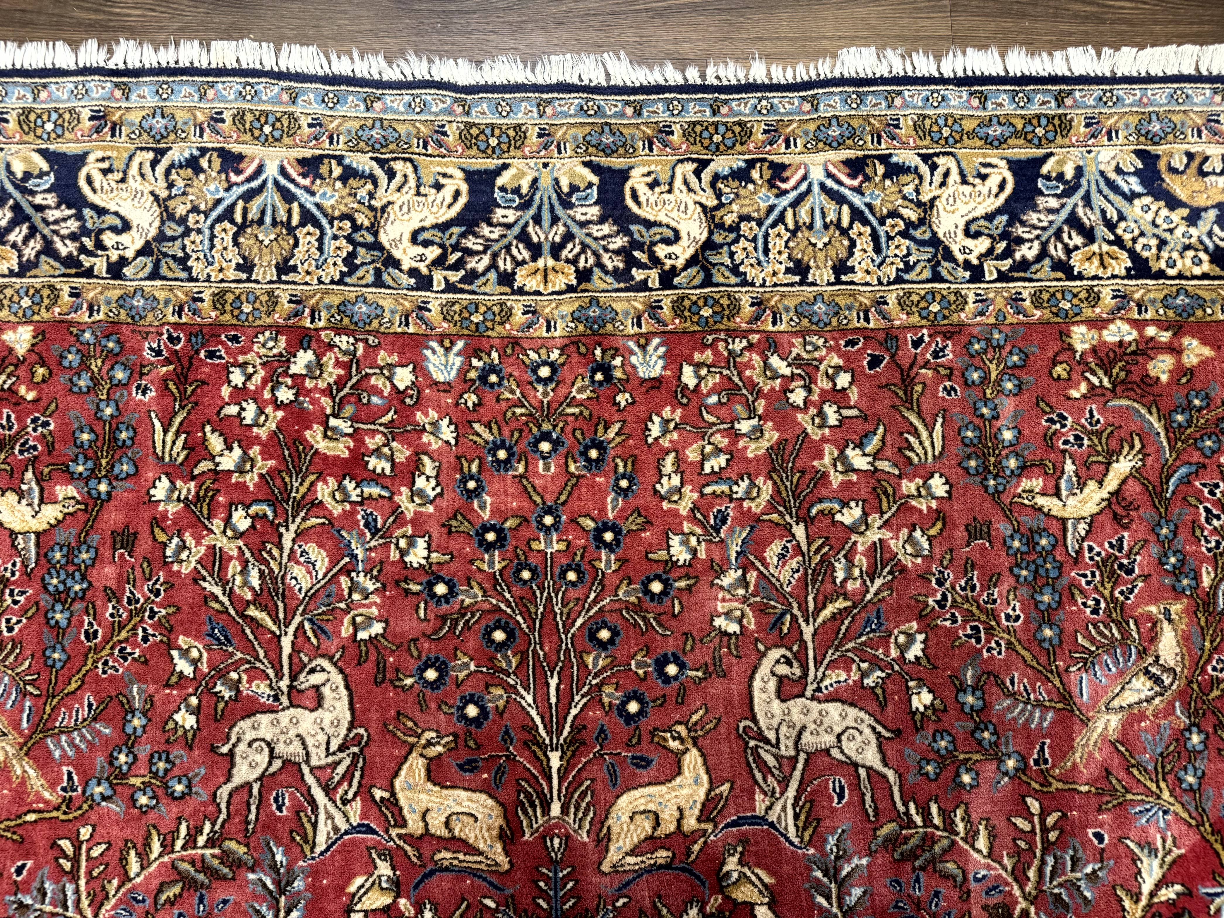 Persian Qum Rug 9x12, Animal Pictorials, Deer Birds, Tree of Life, Red and Navy Blue - Jewel Rugs