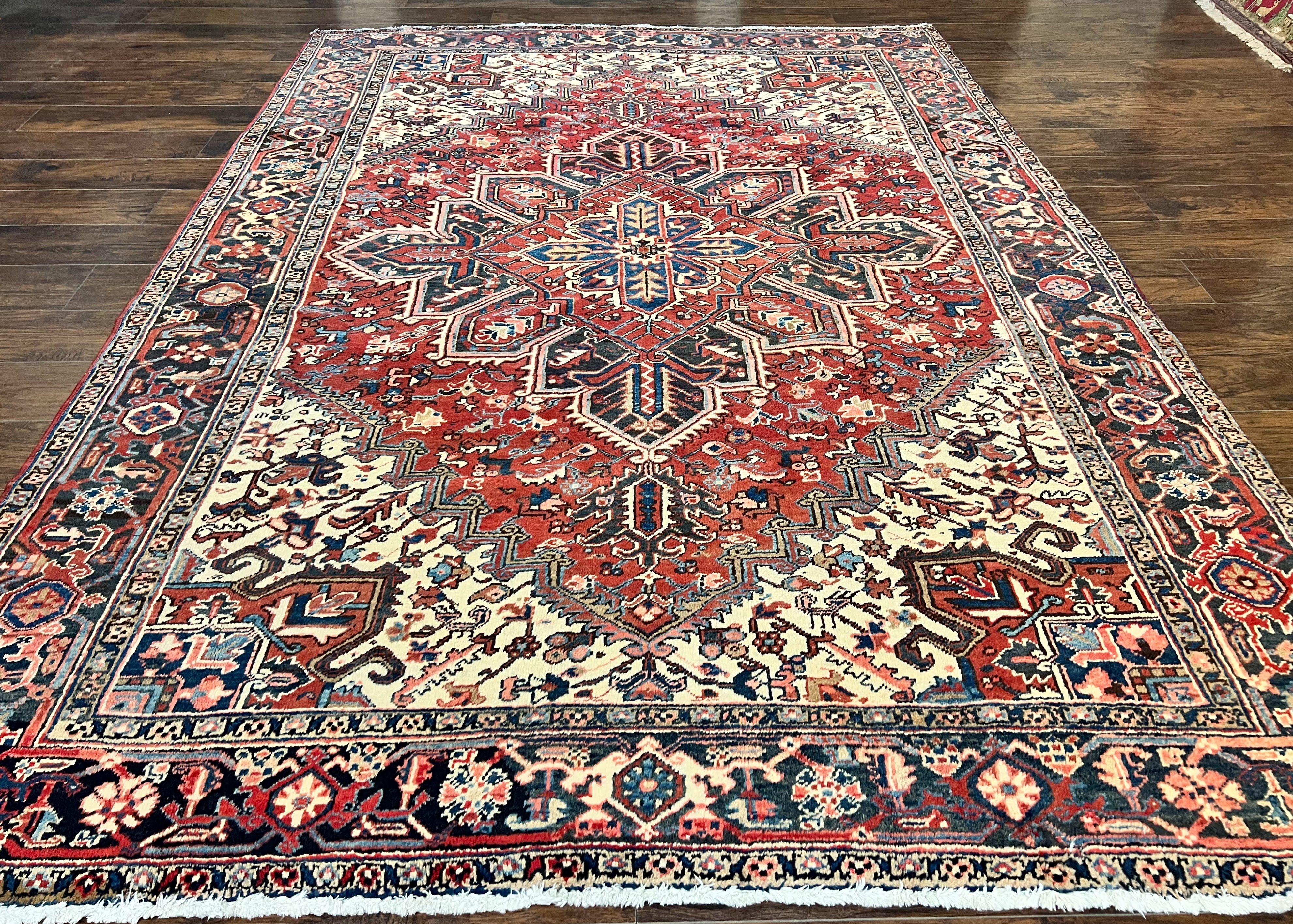 Persian Heriz Rug 8x11, Wool Hand Knotted Antique Carpet, Red Navy Blue Ivory, Geometric Rug, 8 x 11 Room Sized Oriental Rug - Jewel Rugs