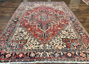 Persian Heriz Rug 8x11, Wool Hand Knotted Antique Carpet, Red Navy Blue Ivory, Geometric Rug, 8 x 11 Room Sized Oriental Rug