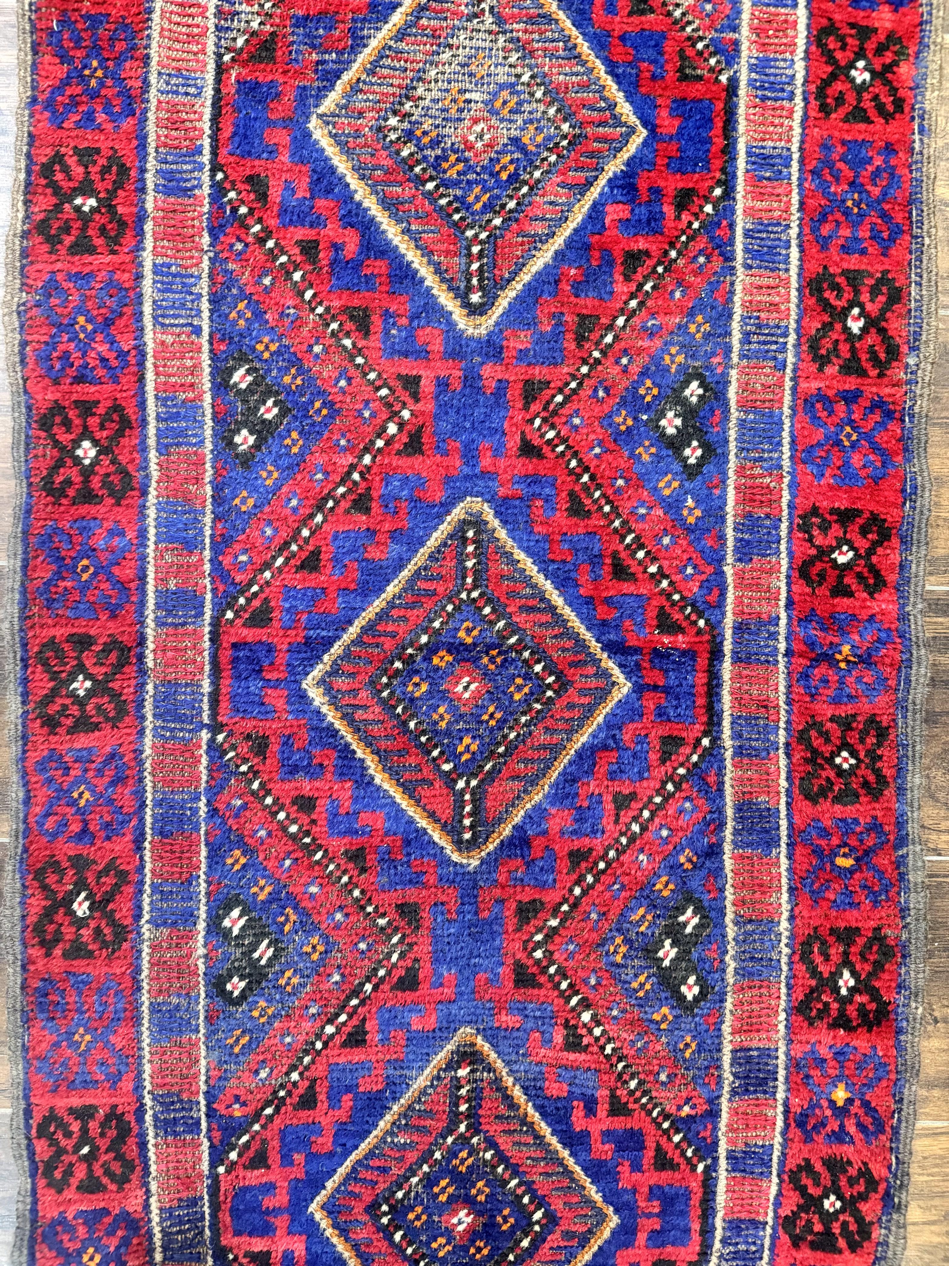 Turkoman Runner Rug 2 x 8.6, Skinny Runner, Handmade Wool Carpet for Hallway, Red and Blue, Wool, Vintage 8ft Runner - Jewel Rugs