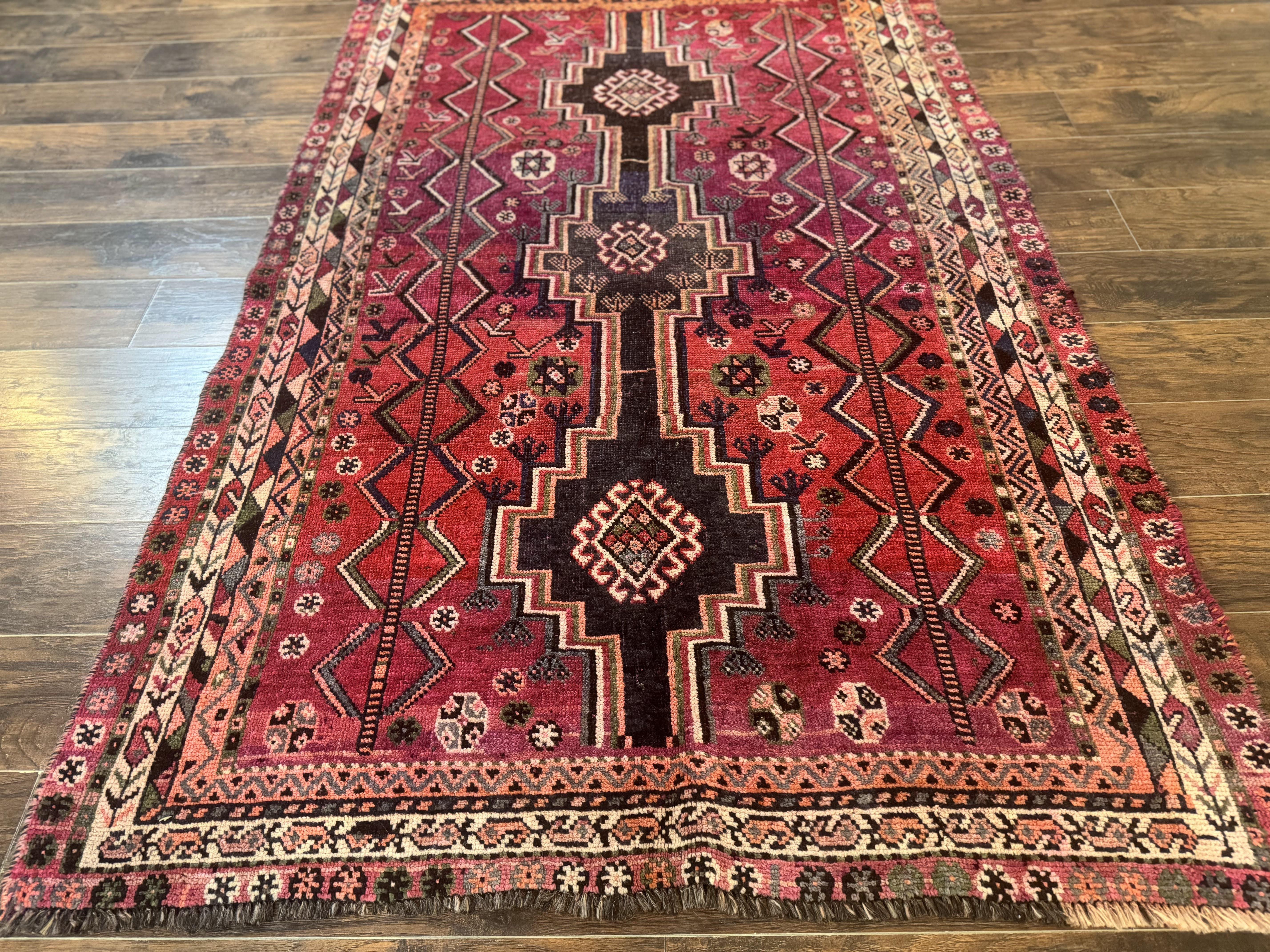 Persian Tribal Shiraz Rug 5x8, Geometric, Raspberry Red and Charcoal, Antique Persian Carpet - Jewel Rugs